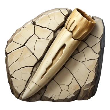 3D render of Mammoth Tusk, embedded in a chunk of rough sedimentary rock, cracked stone texture, ancient fossil aesthetic, weathered white ivory texture with cracks, matte dry finish, Apple emoji style, isolated on white background --v 6.0. sticker