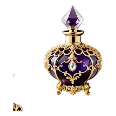 A luxurious French vintage-style perfume bottle in deep purple, with an ornate crystal stopper and intricate gold filigree detailing. The bottle has an elegantly curved shape, reminiscent of classic 18th-century perfume designs. It sits atop a delicate lace-covered vanity table, surrounded by pearls and antique silver accessories. Soft candlelight casts a warm, romantic glow, highlighting the rich texture of the glass and metallic accents sticker