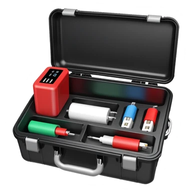 An open black hard-shell test case, inside: a power outlet, USB port, and colored test sockets. A large roll of white test labels lies next to the equipment, along with a red test probe. sticker