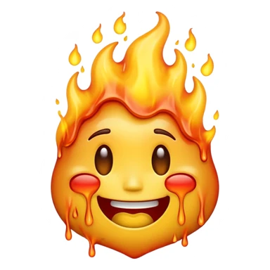 A high-resolution, surreal emoji face with a transparent background. The emoji is simultaneously grinning, crying, and melting while on fire.  sticker