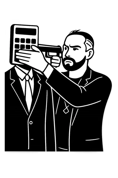 Используя такую стилистику и точно такого же героя, ему приставил к виску пистолет, а другой рукой закрывает рот фигура, у которого вместо головы калькулятор, прозрачный фон sticker