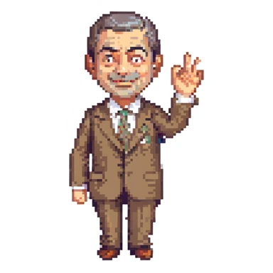 Happy Mr. Bean waving, pixel art style, no background, pixelated and retro video game look, clear and joyful expression. sticker