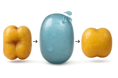 il processo di una cellula adiposa che si sgonfia, si gonfia di acqua e infine si appiattisce, 3d iperrealistica 4k, sfondo bianco sticker