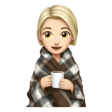 white girl short hair wrapped in cozy plaid blanket with coffee sticker