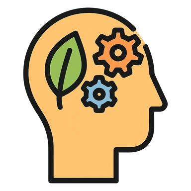 minimalist style, icon of head with gears and leaf, feeling of calm, mental health sticker