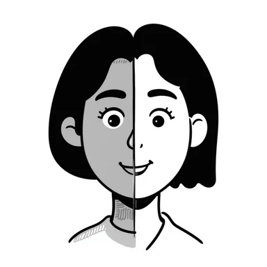 face split into two halves, one half realistic, other half art style sticker