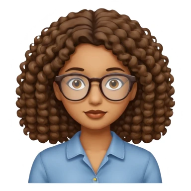 brown girl with wavy curly shoulder length hair. glasses, sticker