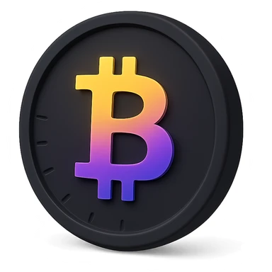 3D black style Bitcoin coin with a yellow, orange, purple, and violet gradient sticker