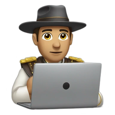 gaucho without a hat, mounted on a horse writing code on a laptop sticker
