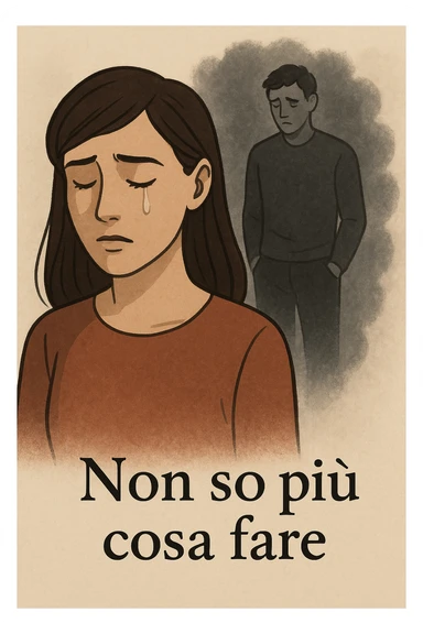Vertical format: A woman with a tear, a man next to her emitting a gray aura, with Italian text: 'Non so più cosa fare'. sticker