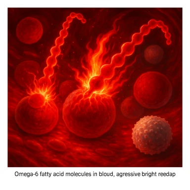 artistic rendering of omega-6 fatty acid molecules in blood, aggressive and bright red appearance, interacting with healthy cells causing inflammation with flames or red glows, white blood cells reacting, surreal medical semi-realistic style with bright inflammation effects sticker