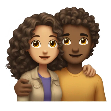 A girl with shoulder length curly hair and brown eyes hugging a dude with shoulder length curly hair that light skin and skinny sticker