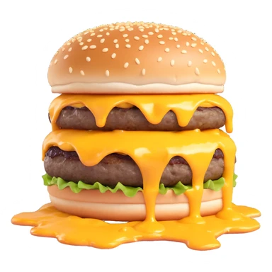 3D illustration of a burger with melted cheese dripping, sesame bun, realistic style sticker