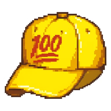 Embroider the red 100 emoji on the front of the yellow baseball cap in pixel art style, with no background. sticker