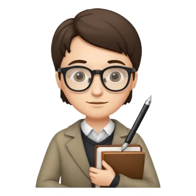 writer holding pen and book, wearing glasses sticker