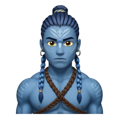 Design a Na’vi male with blue skin, tribal markings, braided hair, sharp eyes & a warrior look. sticker