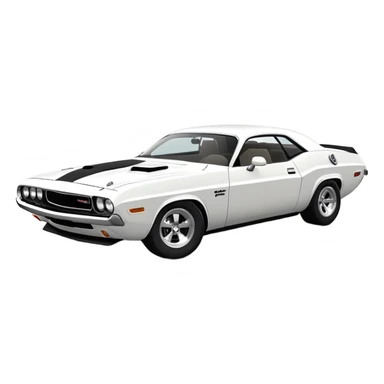 Perfectly structured white 1971 Dodge Challenger from Death Proof, exact 30-degree perspective showing front and side, maintaining authentic muscle car proportions, all-white finish, iOS emoji style sticker