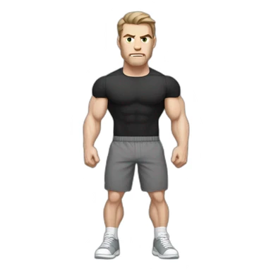 Angry Pale skinned Fit Man With the biceps and dark brown hair in black shirt, gray sports shorts and white Sneakers sticker