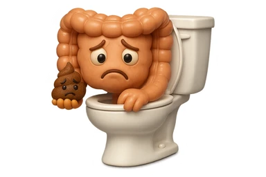 emoji stile iphone di un intestino realistico 3d che esce dal wc con in mano una montagnetta di feci con espressione triste a palline, iperrealistico 4k sticker