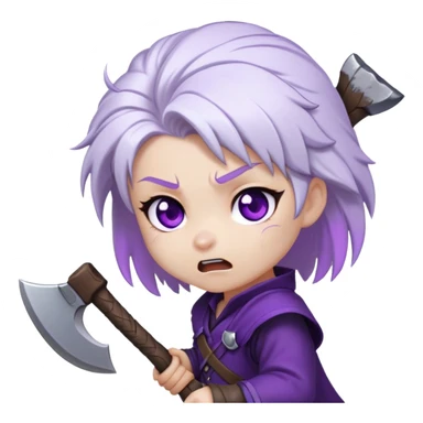 Chibi Sable Ward being hit on the head with a small axe, caught in the act look, white hair with purple streaks, fully purple eyes, dizzy expression sticker