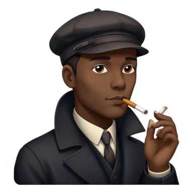 Мужчина в стиле ретро 1920-х годов, в темном пальто и кепке, курит сигарету. Атмосфера гангстерского сериала, на фоне мрачный промышленный двор, тусклое освещение. Выражение лица скрыто тенью от кепки. Добавить символ "卍" в верхней части — как элемент традиционной восточной философии.

 sticker