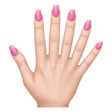  pink  close-up of a human hand with exactly five fingers, beautifully manicured nails, glossy pink nail polish, elegant nail shape, soft lighting, realistic style, isolated on transparent background" sticker