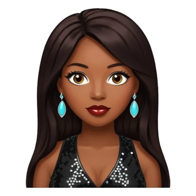 Tiffany "New York" Pollard with long dark brown hair, black sequin outfit sticker