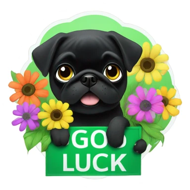 Black pug , surrounded by flowers, holding a green sign that says “good luck”  sticker