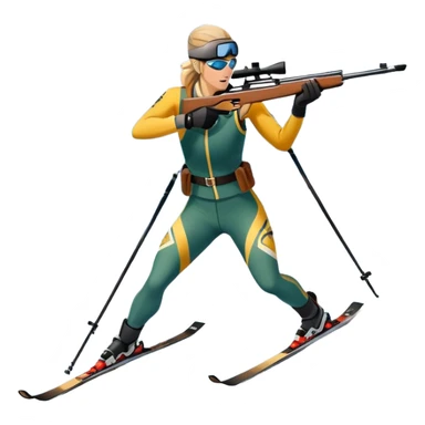 An icon featuring snow-covered trees, distant mountains, and a clear blue sky with a biathlete in motion, holding a rifle and skiing across a snowy course. Transparent background highlights the precision, endurance, and excitement of biathlon. sticker