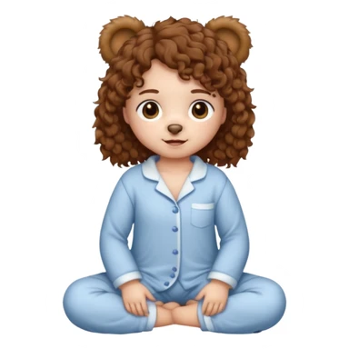 brown eyes, brown curly hair, white skin, full body in cute pijama bear sticker