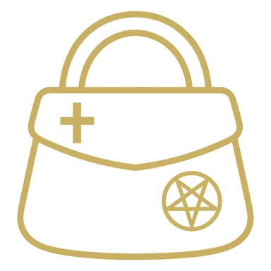 Create a stylish minimal gothic purse in gold and black colors. The purse should be minimalistic, without kawaii or cartoonish features such as big eyes. Include one or two simple gothic symbols. The background should be removed, leaving only the purse visible. sticker
