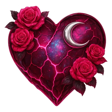 Edit the gothic heart to have cracked deep pink glass, silver crescent moon, pink roses, shimmering holographic stardust, neon lightning accents, and a glossy wet appearance. Keep the background transparent. sticker