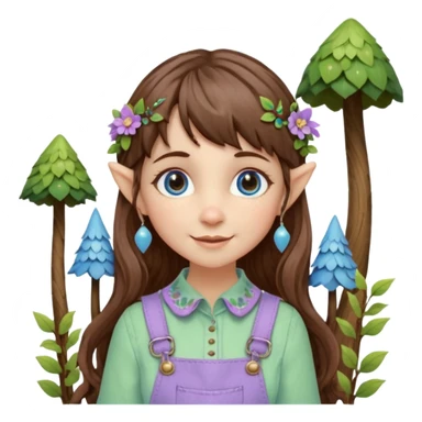 Kind happy whimsical quirky Girl toymaker, wood carving elf. Woodland nature creator. Blue eyes. brown hair (short — inch longer than chin length) wavy hair & bangs. Whimsical playful cute. Overalls with nature embroidered cute shirt collar. Light green, light purple and light blue colour aesthetic  sticker
