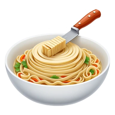 Shanxi knife-cut noodles with irregular thick shape being sliced, simplified emoji style with bold outlines and bright colors, cartoon style traditional Dao Xiao Mian sticker