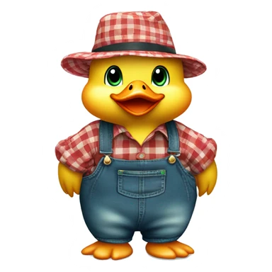 cute fluffy chubby baby duck with hand and wear green hat and red checkered shirt and jeans jumpsuit sticker