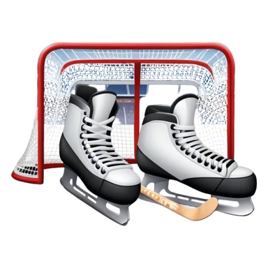 An icon showing a close-up of a hockey stick, puck, skates, and hockey net placed on the ice. The background features a packed stadium with bright lights, cheering fans, and snowy scenery outside. Transparent background highlights the key elements of the game. sticker