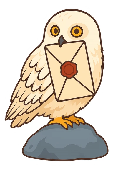 Convert the owl holding the Hogwarts letter in its beak into a hand-drawn vector style with no outlines, clear shadows and highlights. Preserve the shape and details of the owl and the letter as in the reference image, but change the style to a clean vector illustration. No background. sticker