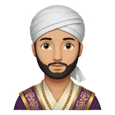 
-Apariencia: Joven de unos 25-30 años, atractivo,.
-Rostro: Ojos oscuros, piel ligeramente morena, rasgos árabes finos.
-Cabello: Negro, algo rizado o suelto, con barba fina.
-cuerpo entero  puede llevar una túnica más oriental, con faja y turbante sencillo sticker