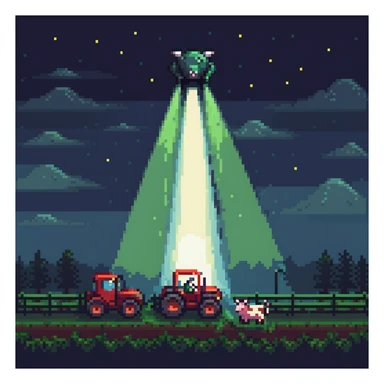 UFO abduction scene with a cow being lifted by a tractor beam at night sticker