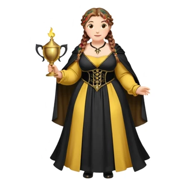 Helga Hufflepuff,brown-haired,2 braids,yellow-black medieval open dress,deep neckline,fat macromastia,black cloak decorated with gold braiding,gold cup with two handles,wand,very kind smile,curvy busty sweet woman,round rosy cheeks,full length with medieval shoes sticker
