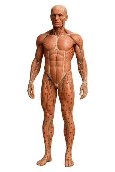 corpo umano anatomico a figura intera con red spot sparsi sulle gambe, iperrealistica in 3d sticker
