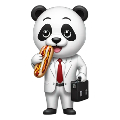 A professor with white suit and red tie and a panda face eating a hotdog and holding a black suitcase sticker