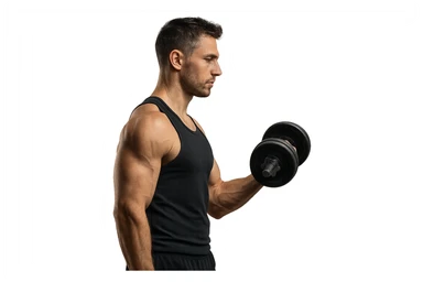 uomo fitness di profilo con manubrio da palestra in mano, iperrealistico 4k sticker