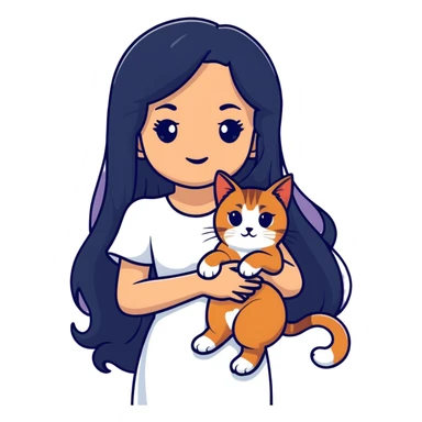 A beautiful girl with long black hair wearing a white dress holds an Abyssinian cat in her arms sticker