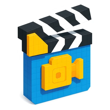 voxel style movie clapperboard with a camera icon, isometric view sticker