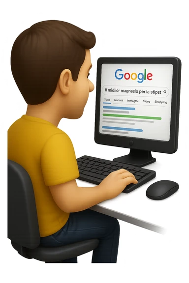 emoji stile iphone di un uomo davanti al pc che cerca di google: "Il miglior magnesio per la stipsi", iperrealistico 4k sticker