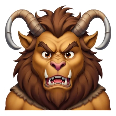 Beast from Beauty and the Beast with human mouth but angry expression, furrowed brow, still with horns and fur sticker