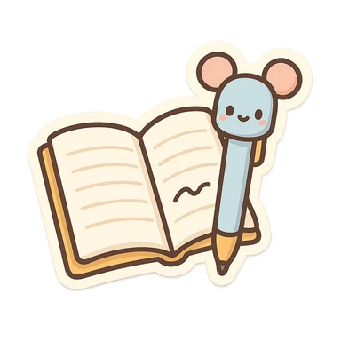 open notebook with a cute pen with ears on the side, chibi stickers style, cartoonish, friendly sticker