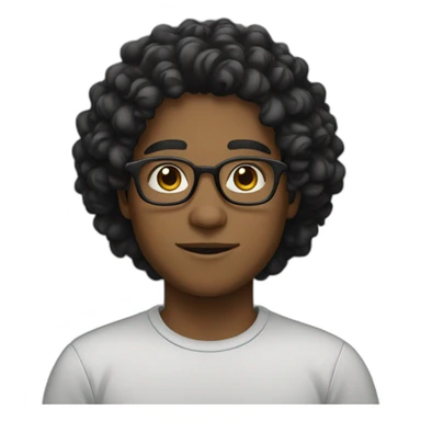 A young man wearing glasses, his skin is very light black , and He has long curly hair and a black winter shirt as well sticker