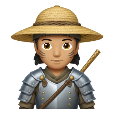 Samurai with straw hat, Warrior in armor holding wide hat sticker